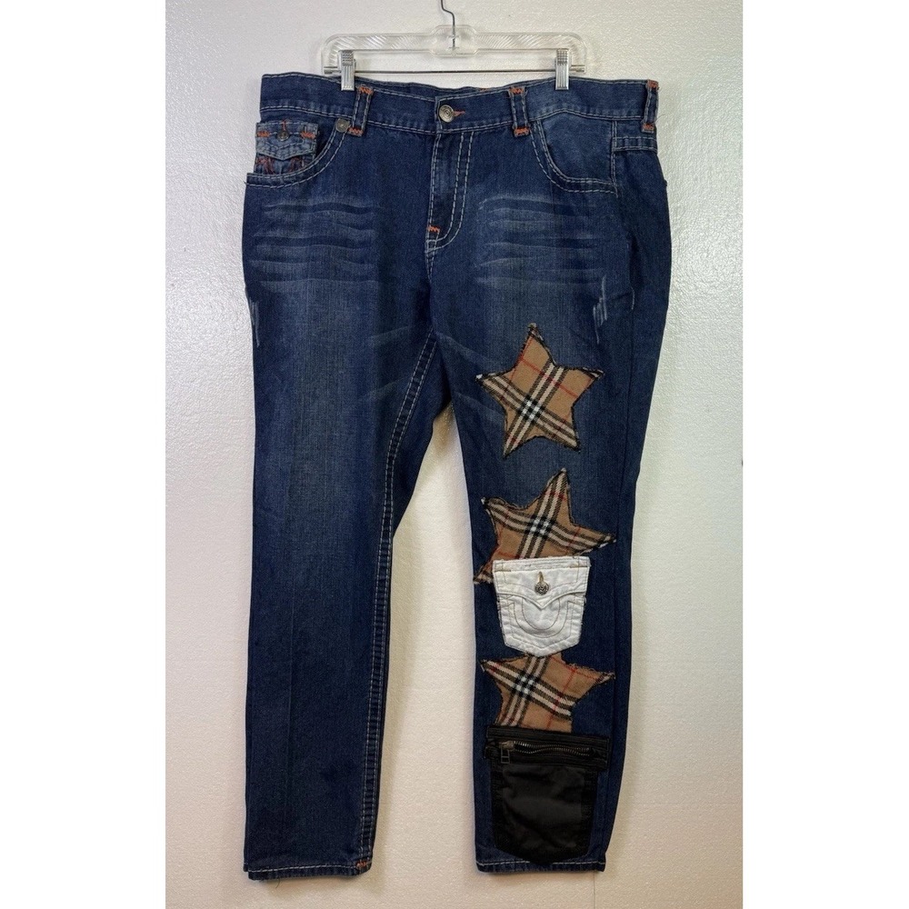 Vtg True Religion World Tour Jeans Mens 42x32 Embroidered Patch USA Grunge Hip